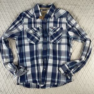 Hollister Men's XL Pacific Merchant 1922 Blue Plaid Western Pearl Snap Shirt NWT